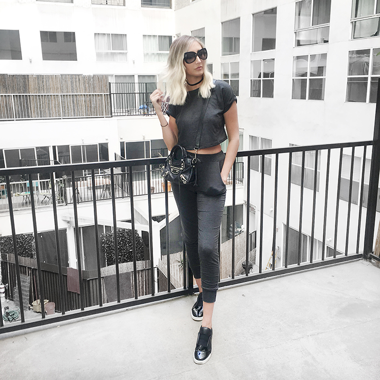 Lazy Day Outfit Windsor crop top set balenciaga city bag tom ford sunglasses