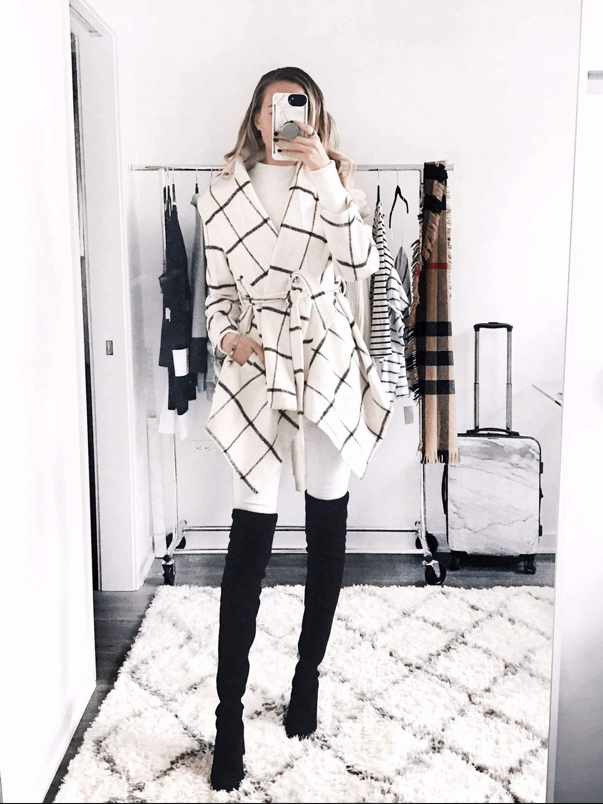 carly cristman wears a black and white look, how to wear winter white, white monochromatic look, white grid print wrap coat, white wrap coat, Chicwish coat, Bishop Young turtleneck, Stuart Weitzman Tieland boots