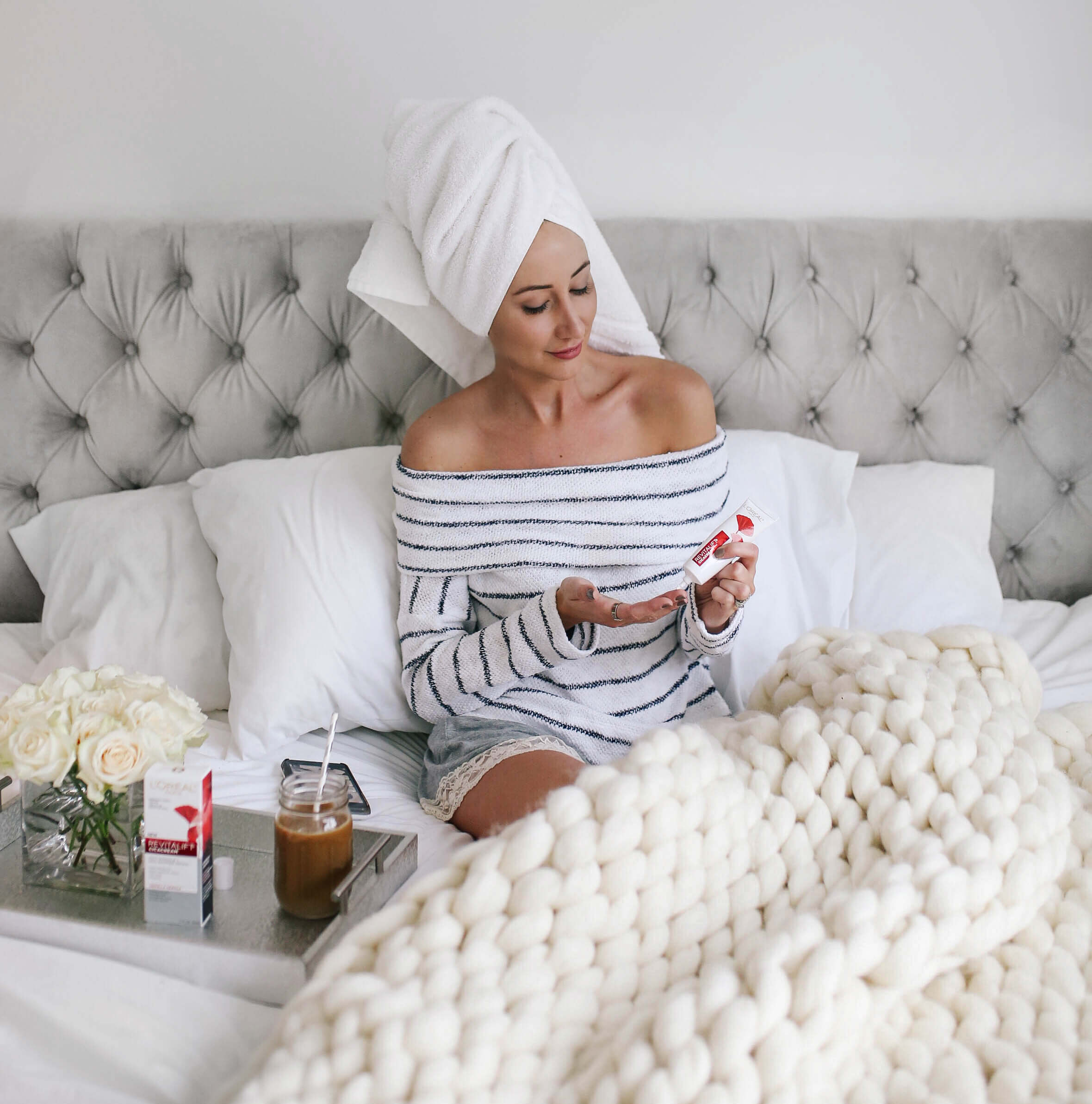 Carly Cristman morning routine, minimalist bedroom, Anti-Aging Morning Skincare Routine, L'Oreal Revitalift Cicacream