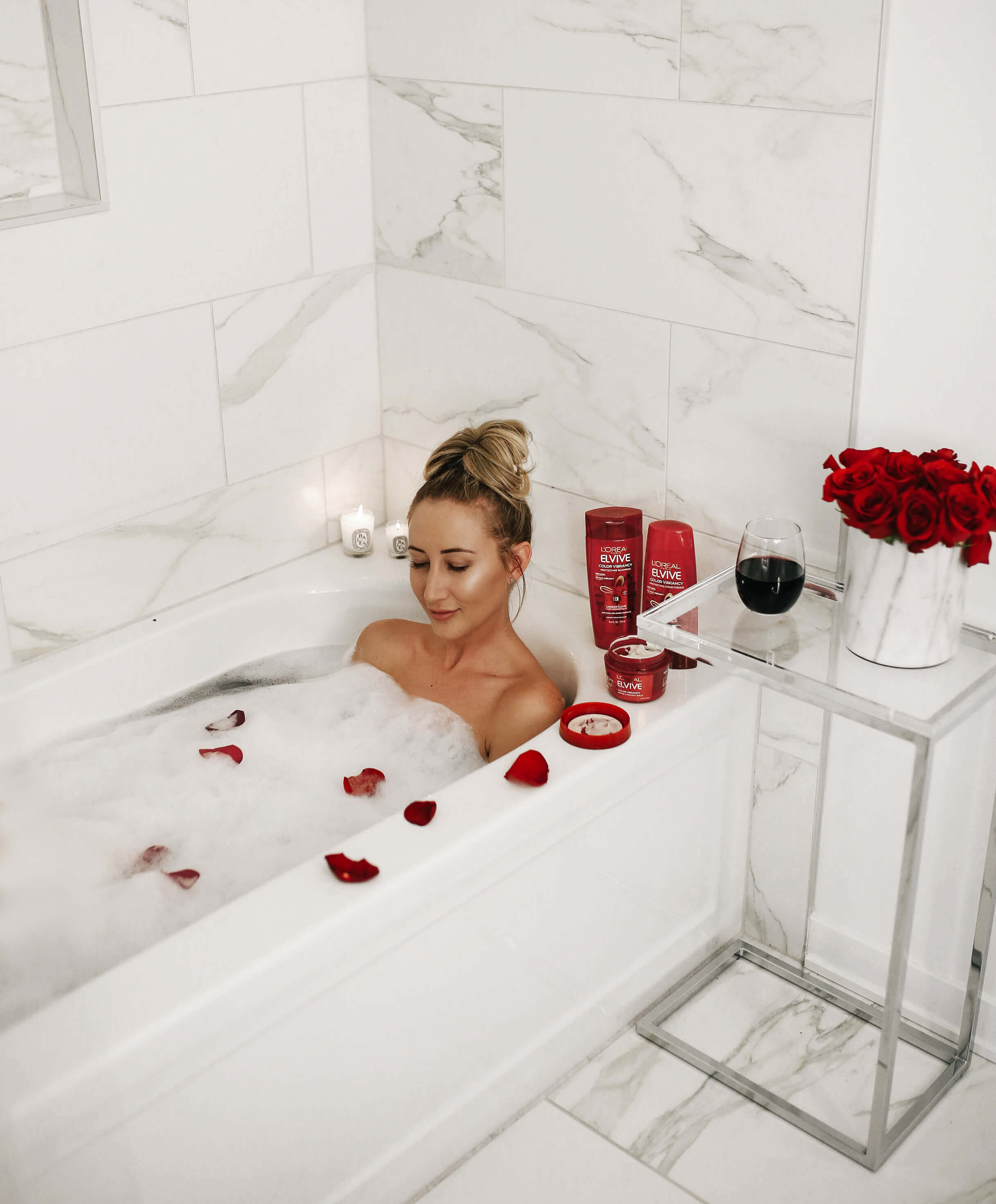 Carly Cristman, L'Oreal Elvive Color Vibrancy, Marble Bathroom, how to relax at home, Valentine's Day