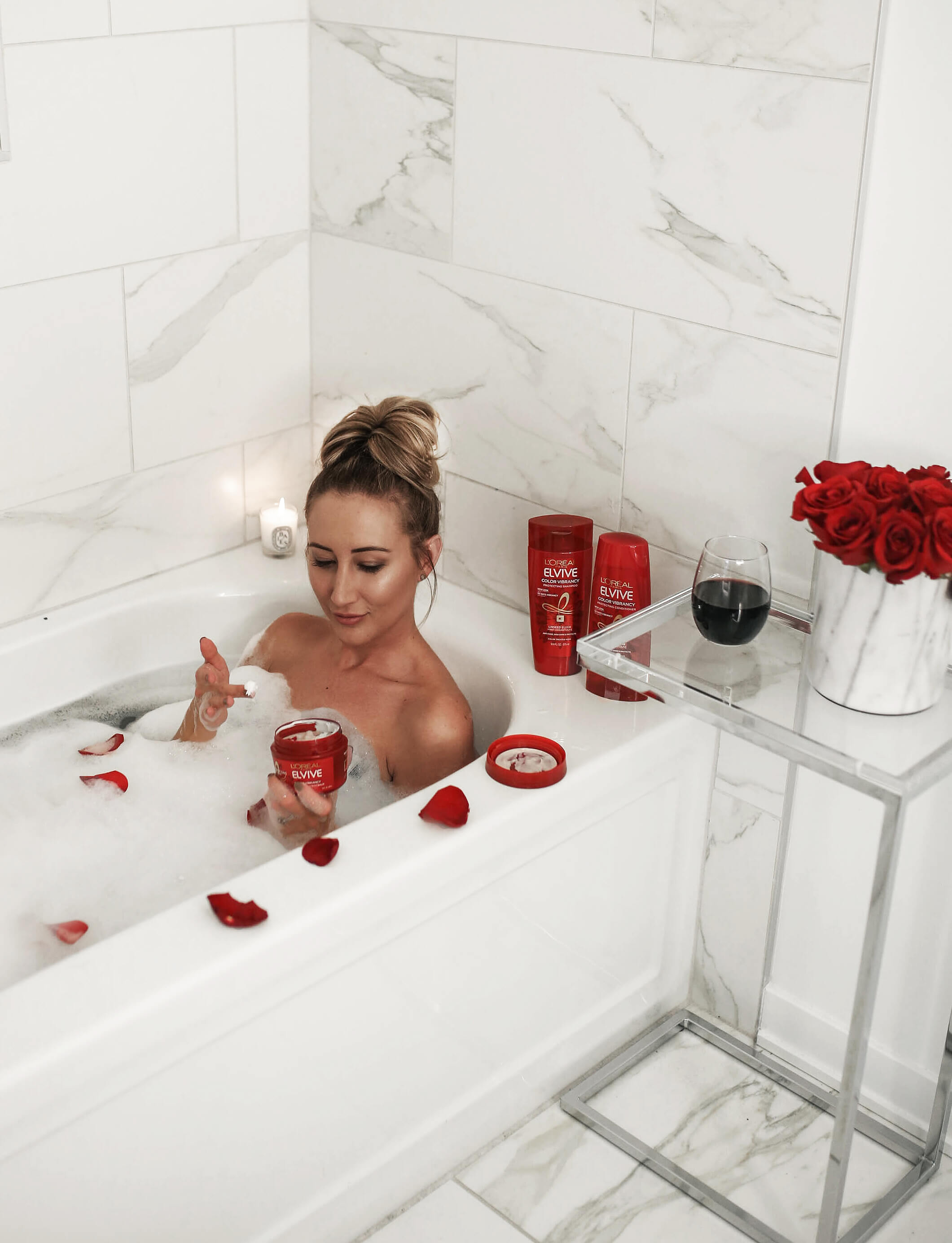 Carly Cristman, L'Oreal Elvive Color Vibrancy, Marble Bathroom, how to relax at home, Valentine's Day